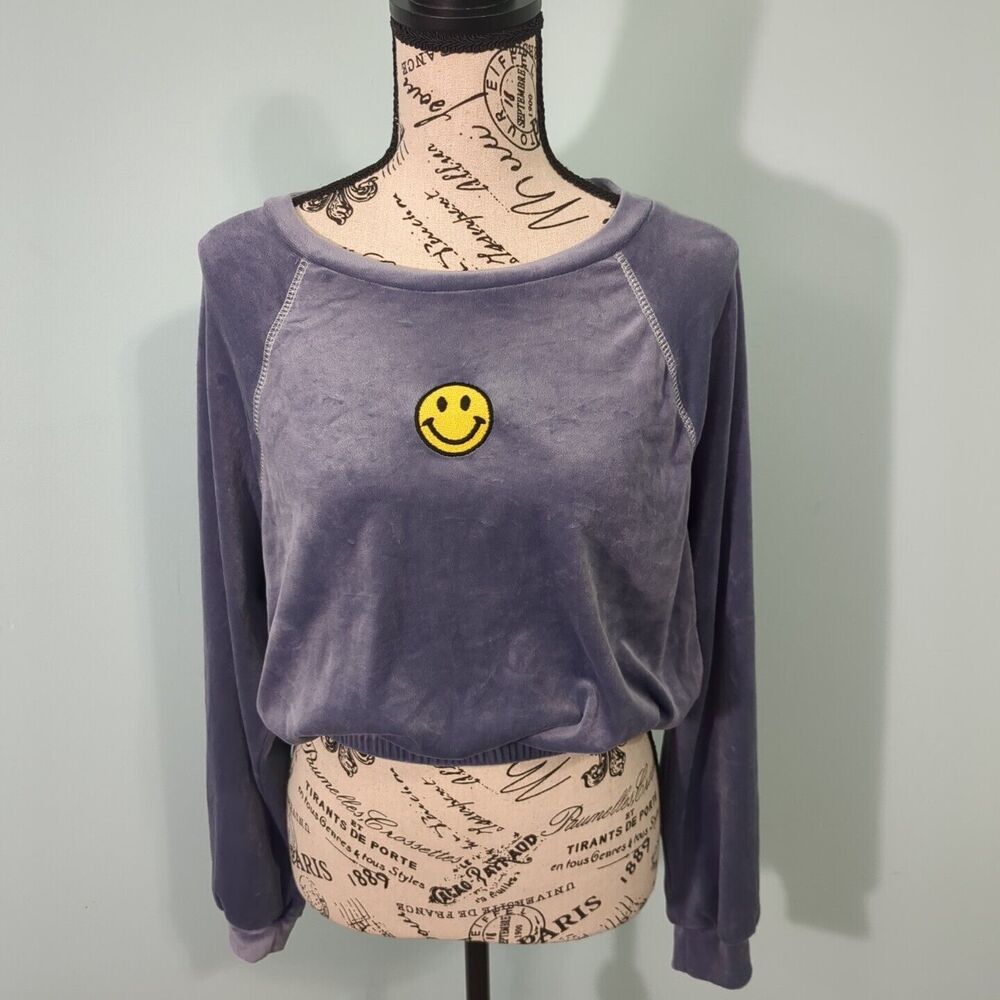 Altar'd State Women's Velvet Purple Smiley Face Crew Neck Sweatshirt medium new